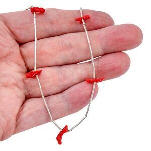 Southwest Red Coral Liquid Silver Bead Necklace | Estate Sterling 925 | 16.5"